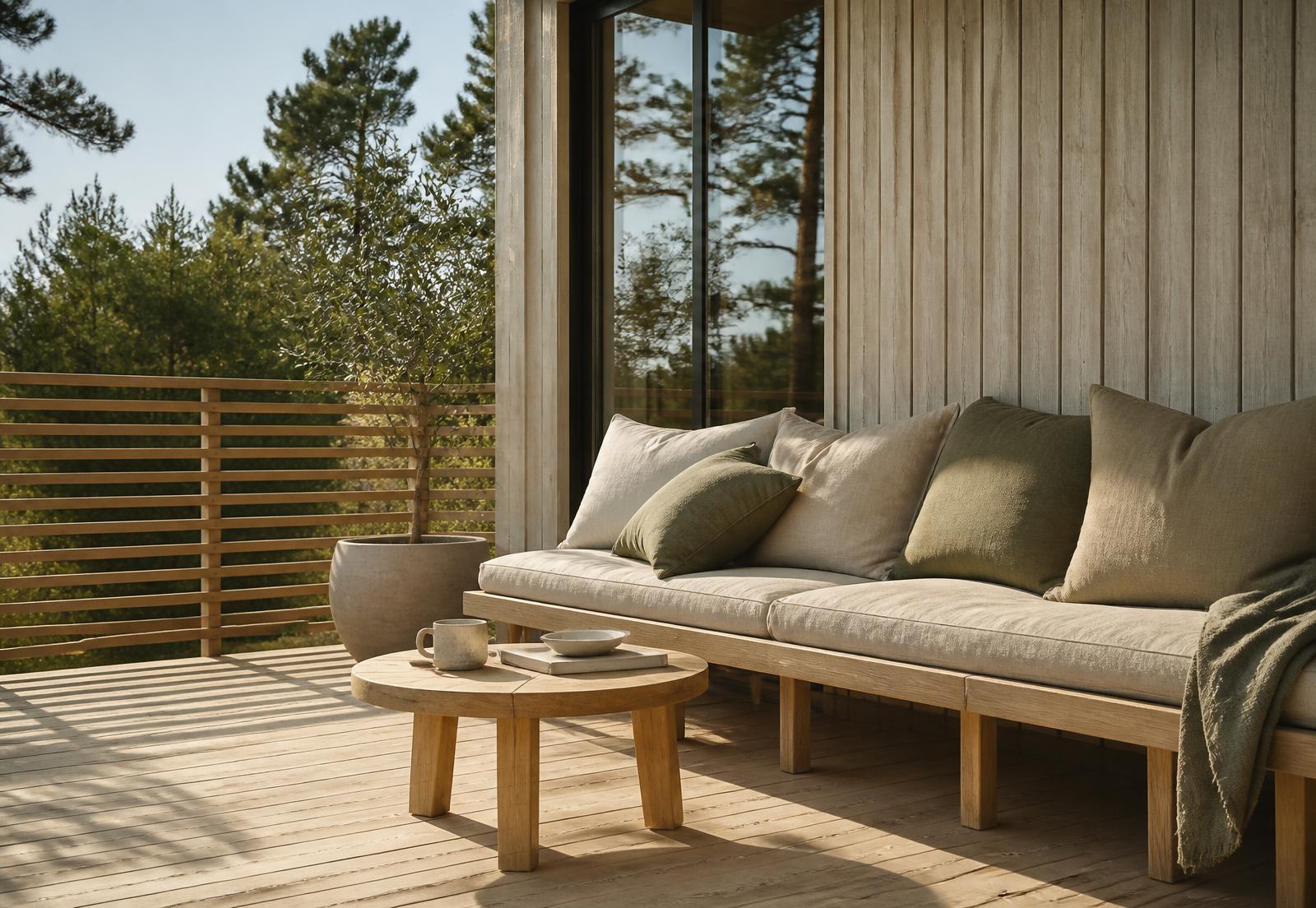 Träaltan i skandinavisk stil med sittbänk och räcke i solljus